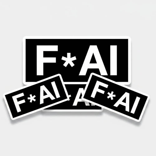 Sticker pack featuring four "Fuck AI" stickers. Black background with bold white lettering on a white background with drop shadow 