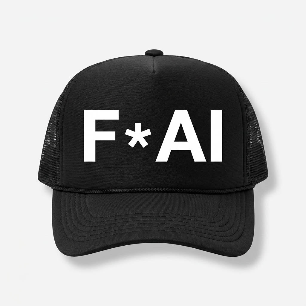 Mesh back tall black trucker hat with Fuck AI logo on a white background with drop shadow 