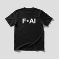 A black short-sleeve crewneck t-shirt with the text 'F*A*I' printed in bold white letters across the chest, displayed on a neutral light gray background.