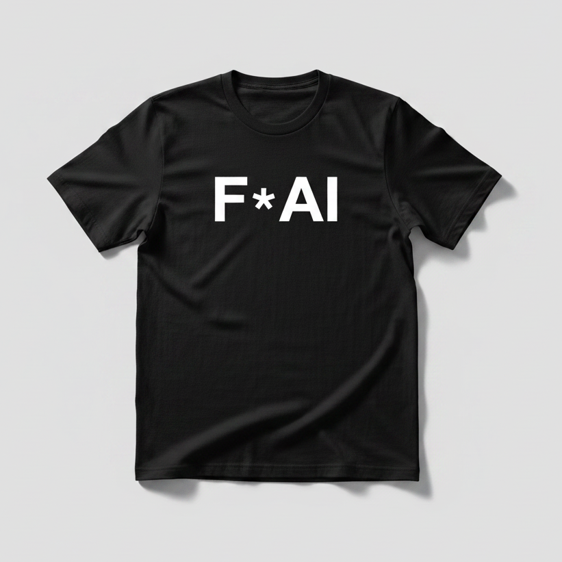 A black short-sleeve crewneck t-shirt with the text 'F*A*I' printed in bold white letters across the chest, displayed on a neutral light gray background.