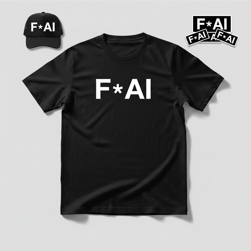 Square product montage featuring the shirt, trucker hat, and sticker pack